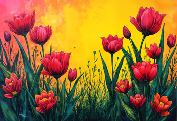 a field of red tulips on a yellow background