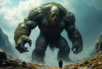 the silhouette of a man standing in front of a giant stone golem