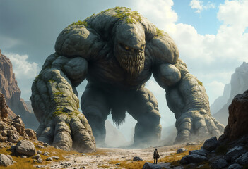 the silhouette of a man standing in front of a giant stone golem