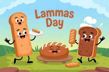 Celebrate Lammas Day with joyful cartoon bread characters having a picnic in the summer sun, perfect for baking promotions and family fun