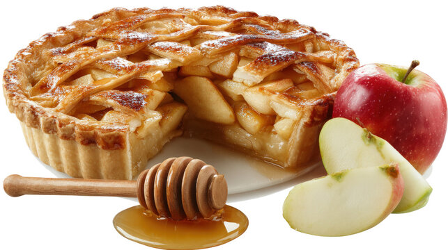 Tasty apple pie, apples, and dipper isolated on a white background