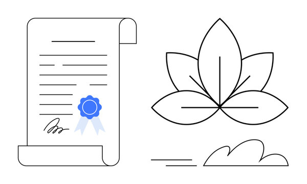 Document with a blue seal, signature, and scroll details alongside a minimalist lotus flower and cloud shapes. Ideal for education, certification, mindfulness, wellness, growth, success meditation - Powered by Adobe