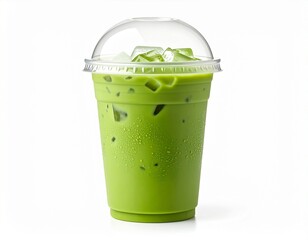 Iced matcha green tea latte in a plastic takeaway cup with a dome lid, isolated on a white background.