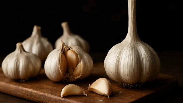Fresh garlic bulbs on a wooden cutting board, showcasing whole and broken cloves, with a dark background enhancing the natural textures and colors of the garlic