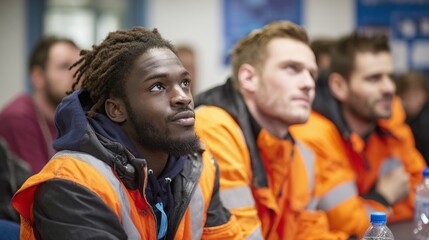 Obraz premium Attentive audience members in safety vests listen during a seminar, workshop, or training session, focused and engaged in the presentation.