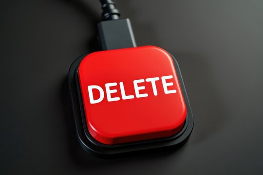 Deleting Data - A 3D render of a bold red "DELETE" button on a black background, symbolizing data deletion, cybersecurity, and management