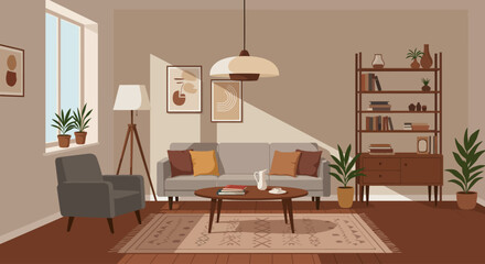 Sunlit and Cozy Living Room Interior Vector Illustration