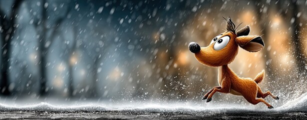 Naklejka premium Cute 3D animated reindeer in festive winter scene with snow