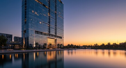 Obraz premium Modern Building Reflecting in Water at Dusk with Colorful Sky