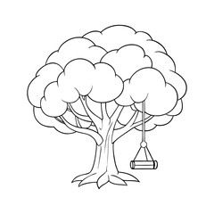 Vector art of line art illustration of a tree with a swing, isolated on white background