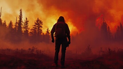 Silhouetted hiker observes smoky, burning forest.