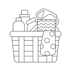 Vector art of laundry basket filled with clothes and detergent, isolated on white background