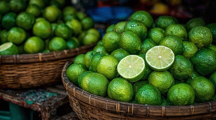 A basket full of fresh, vibrant green citrus fruits, some sliced open revealing juicy interiors. A tropical scene with a pile of limes, ready to be used.