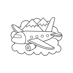 Vector art of cartoon airplane flying over clouds and mountains isolated on white background