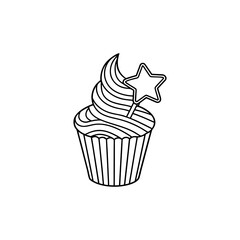 Vector art of line drawing of a cupcake with frosting and a star decoration, isolated on white background