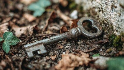 An antique key, weathered and rusted, rests amidst fallen leaves and earth.  Close-up view of the aged metal, showing signs of time and use.  Foliage and stone are in the background