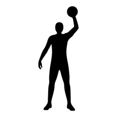 Silhouette of a person holding a ball aloft with raised arm