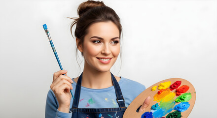 Smiling woman holding paintbrush and palette with colorful paints