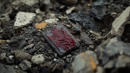Blood-stained object amidst rubble and debris.