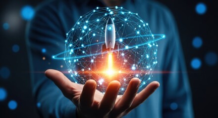 Fototapeta premium Rocket launching from a digital globe held in a hand