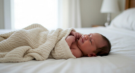Newborn baby peacefully sleeping wrapped in a cozy blanket on bed  