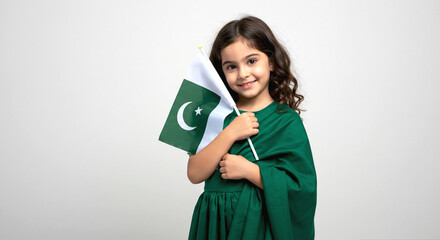 Young girl smiling while holding Pakistan flag in green outfit  