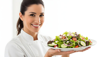 Smiling chef presenting a fresh salad with vegetables and feta cheese