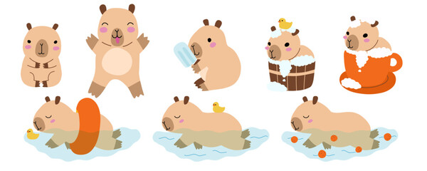 Cartoon cute capybara in tub, morning capybara in cup of cappuccino, summer capybara with ice cream set. Kawaii pet animal for card, decoration, print. Stock vector illustration isolated on white 