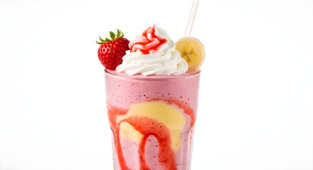 Delicious strawberry banana smoothie with whipped cream and fresh fruit