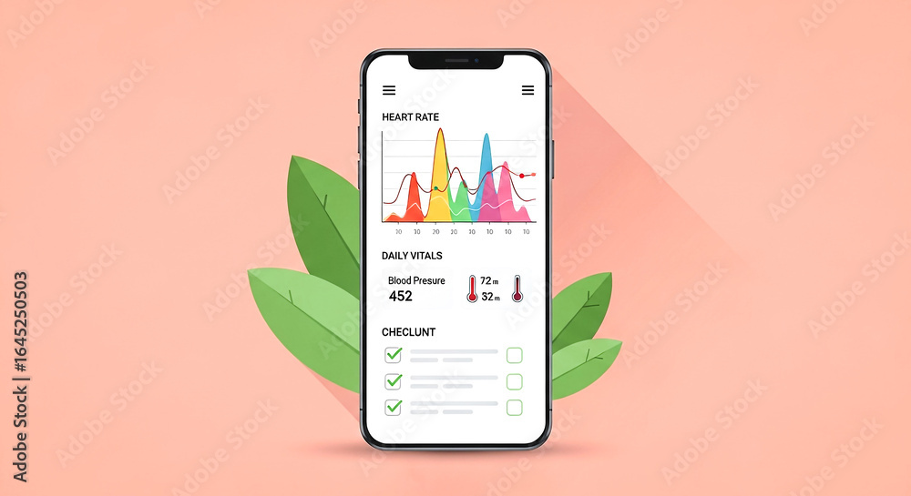 Wall mural a sleek smartphone showcases a health and fitness app interface with colorful graphs and data points