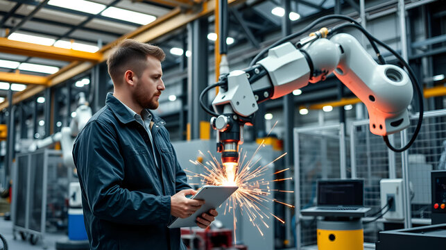 Two male engineer discuss and control robot arm welding at production line plant factory. Engineer workers working automatic robot arm system welding machine in the smart factory industrial - Powered by Adobe