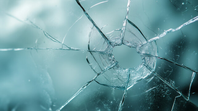 A crack in the glass, similar to a web, a delicate uniform bluish-gray background for a photo.