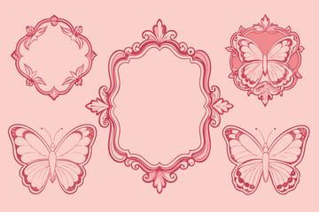 Ornate frames and decorative butterfly designs with delicate vector illustrations in a soft pink color palette