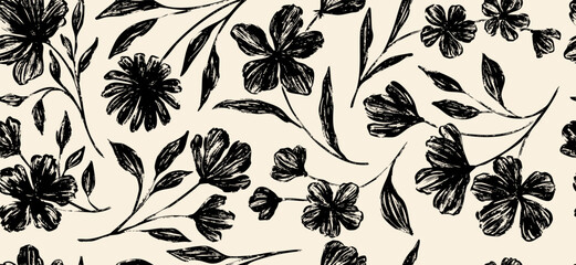 Leaves branch and Hand Drawn doodle Scribble floral plants banner, seamless pattern. Creative minimalist Abstract art background. Design wall decoration, postcard, poster and brochure © Hulinska Yevheniia