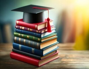 Pile of multicolored books with classic black mortarboard cap placed on wooden table, representing learning, knowledge, and academic success.