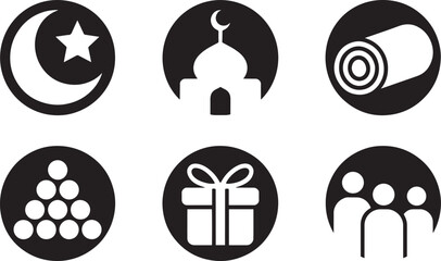 Islamic Symbols Set Crescent Moon Star Mosque Prayer Rug Beads Gift Box People Circle Icon