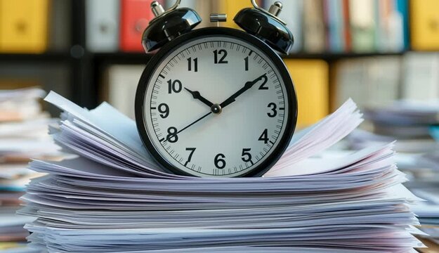 Black alarm clock buried in stacks of paper documents, vintage alarm clock showing time surrounded by piles of paperwork