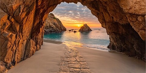 Idyllic Coastal Sanctuary with Serene Sunset, Rocky Archway, and Breathtaking Nature Views Await