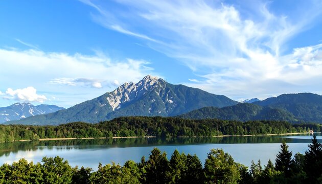Serene Lake Walchsee Reflecting the Majestic Wilder Kaiser Mountain Range Under a Wispy Blue Sky