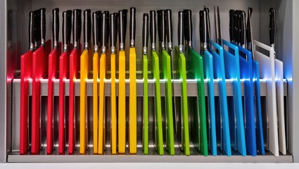 Colorful Kitchen Knife Set Displayed on Rack with Wooden Handle and Vibrant Blades