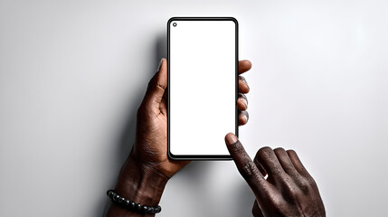Man’s hands hold a smartphone with a blank white screen, as his finger is about to tap it.
