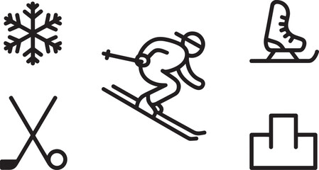 Winter Sport Line Icons Set Snowflake Skier Ice Skate Hockey Stick Podium Competition