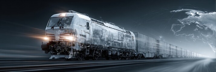Futuristic train speeds along tracks beneath an overlay of a digital world map, illustrating the concept of advanced global transit systems.