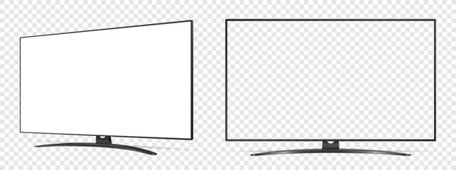 TV flat screen mockup. Front and side view with white empty screen on transparent background.