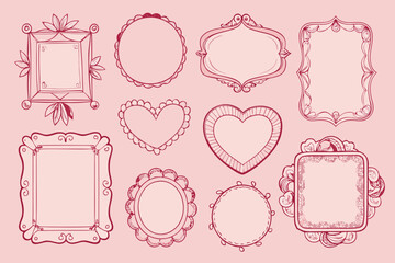 Vector illustration of ornamental frames and hearts in a romantic hand drawn sketch style