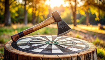 "Axe embedded in red bullseye of tree stump target in sunlit forest setting."