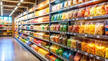 "Neatly organized candy jars filled with colorful sweets in bright retail display."