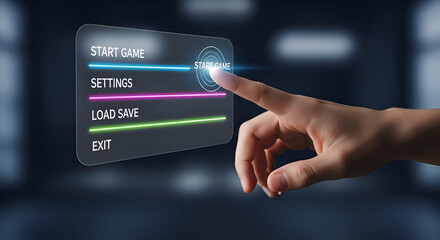 Hand interacting with a digital game menu on holographic display