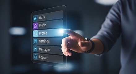 Hand selects an option from a floating digital menu 