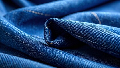 "Close-up of folded blue denim fabric with orange stitching and visible twill texture."